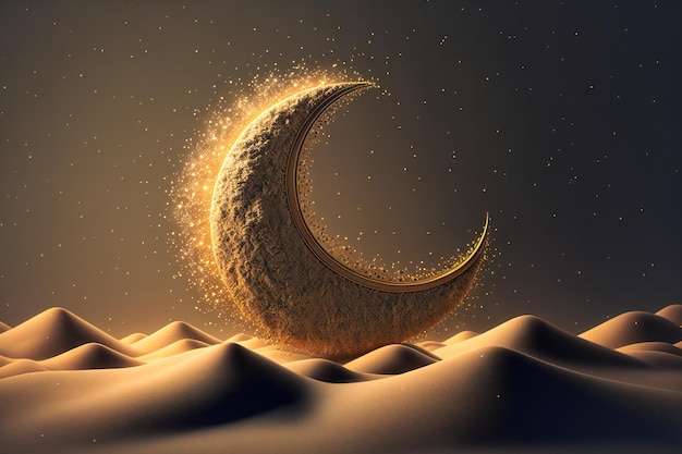 Croissant de lune du Ramadan, fond poussiéreux, éclat d'or.