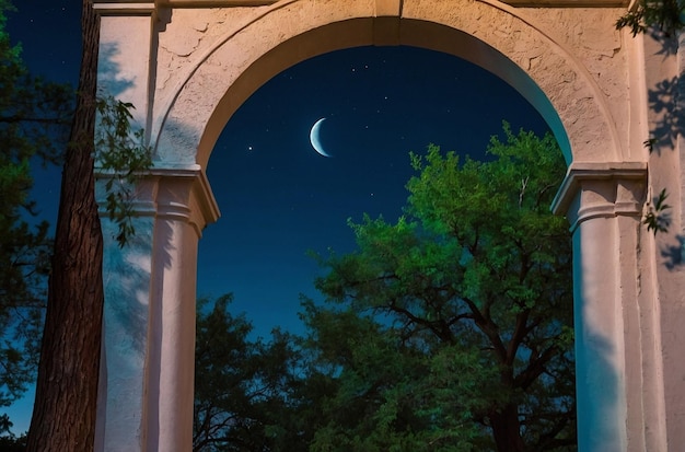 Le croissant de lune encadré par une arche d'arbres