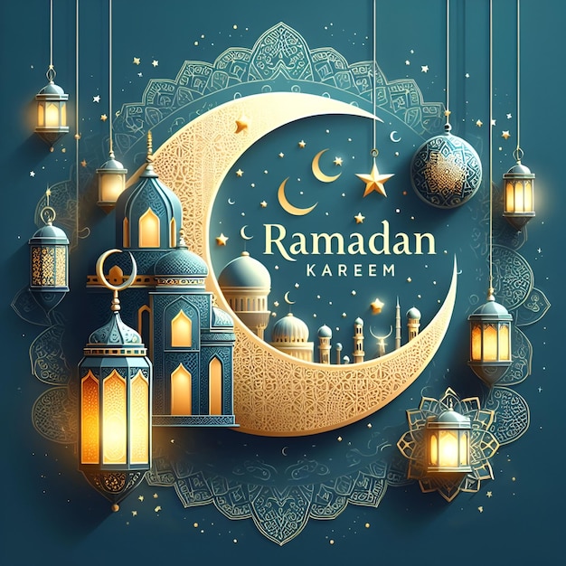 Le croissant de lune est le symbole de l'islam avec Eid mubarak Alphabet rendu en 3D