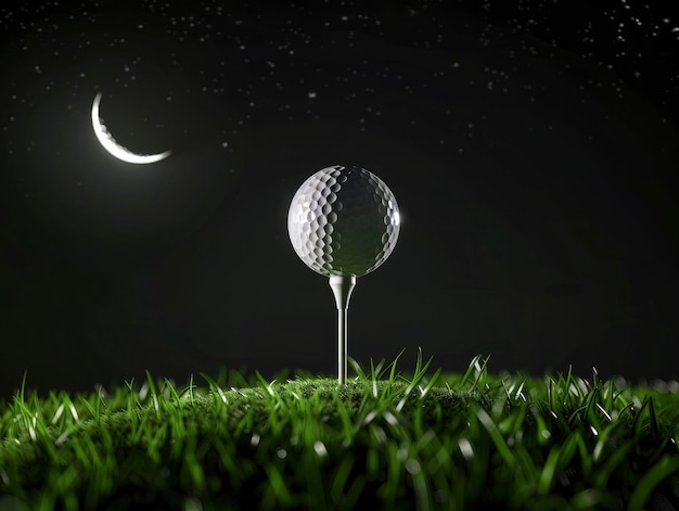 Un croissant de lune est visible devant une balle de golf sur un tee dans un champ de verdure luxuriante contre un ciel sombre