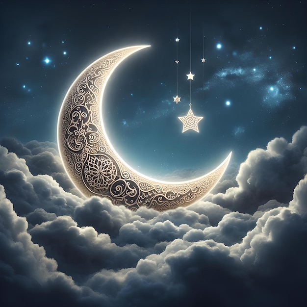 un croissant de lune avec des étoiles au-dessus dans un ciel plein de nuages pour célébrer Eid Mubarak