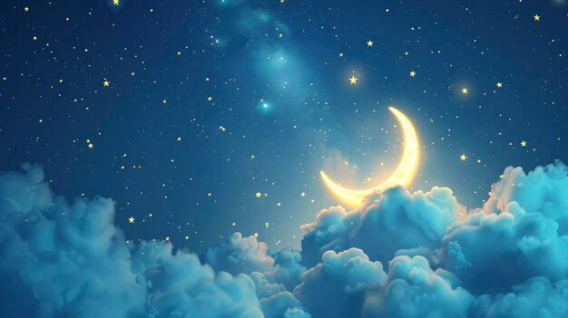 Le croissant de lune avec des étoiles et des nuages brillants Ramadan consepot