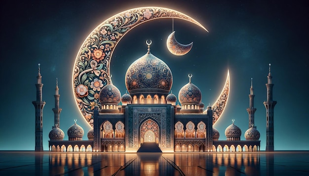 Le croissant de lune orné au-dessus de la mosquée illuminée