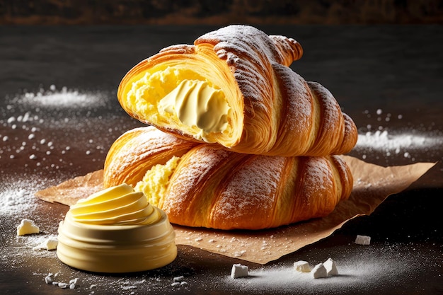 Croissant maison sucré avec sucre en poudre et beurre