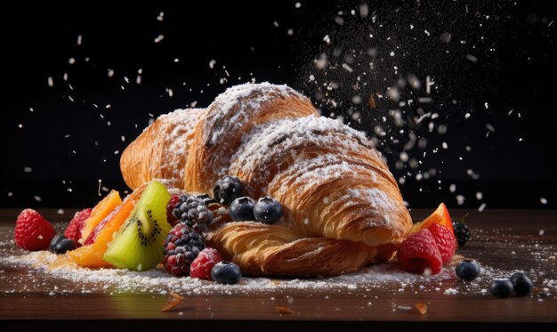 Un croissant recouvert de sucre en poudre et de fruits