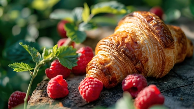 Croissant rempli de framboises sur le fond d'un verger de baies