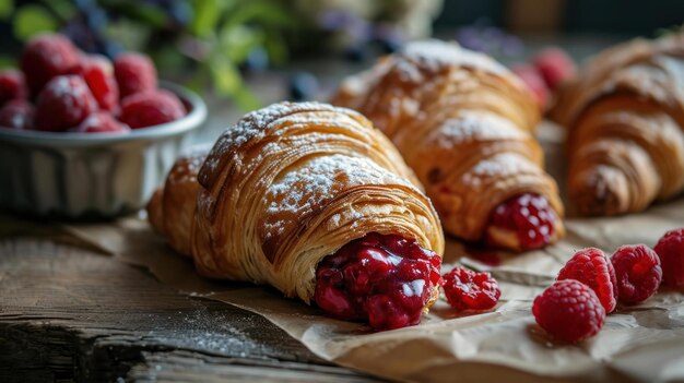 Croissant rempli de framboises sur le fond d'un verger de baies