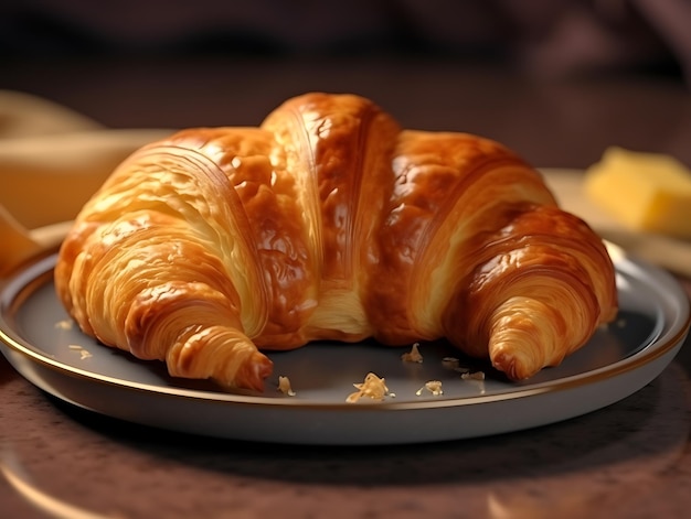 Croissant sandwich dans une assiette pour le petit déjeuner en gros plan