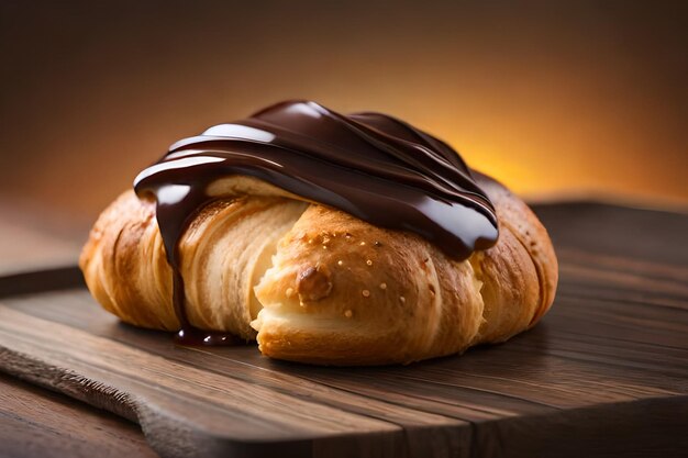 Un croissant avec une sauce au chocolat sur le dessus