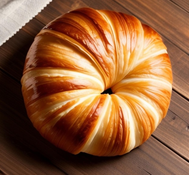 Un croissant sur une table en bois avec une serviette blanche à côté.