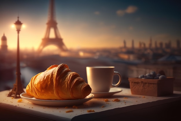 croissant sur une table ville de paris floue avec la tour eiffel en arrière-plan