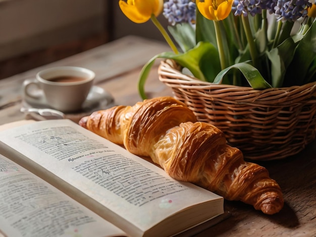 un croissant et une tasse de café sont sur une table avec un panier de fleurs