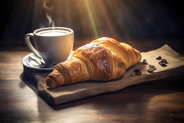 Un croissant et une tasse de café sur une table en bois