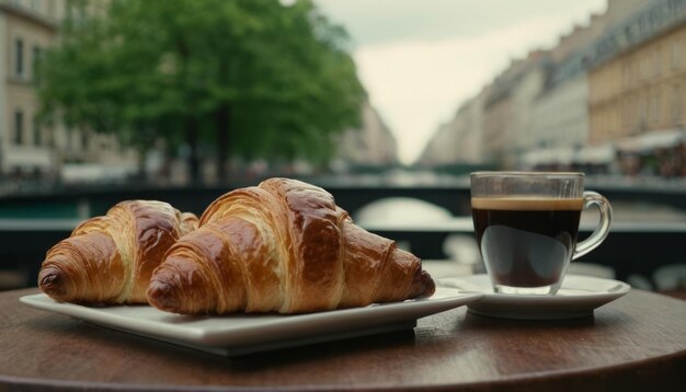 Photo un croissant et une tasse de café sur une table à l'extérieur