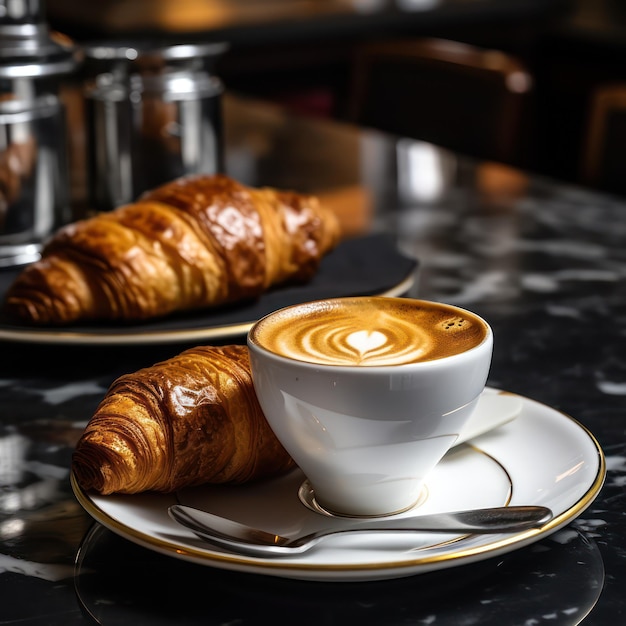 un croissant et une tasse de café sur une terrasse de café