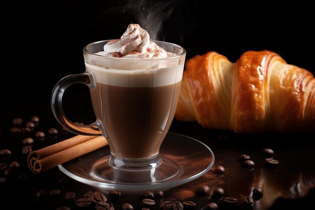 Un croissant trempé dans une tasse de café chaud