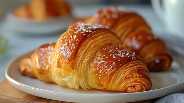 Des croissants sur une assiette avec du sucre en poudre