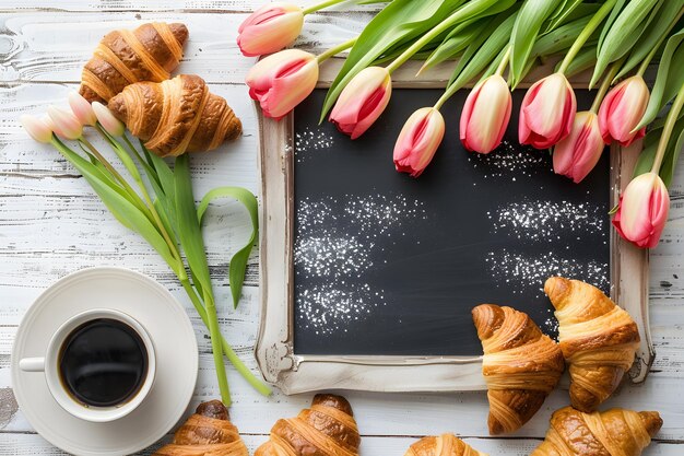 Croissants au café et tulipes sur un fond blanc en bois