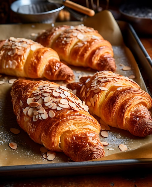 Croissants aux amandes sur une plaque à pâtisserie avec sirop AI généré