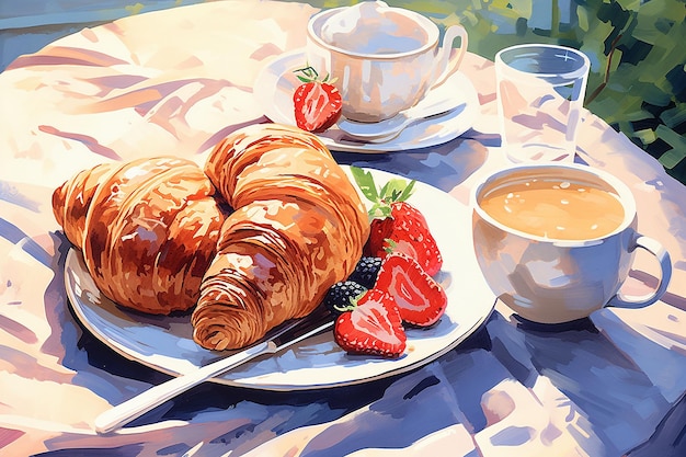 Croissants et baies sur une assiette Fraises à la crème au café Dessin à la gouache