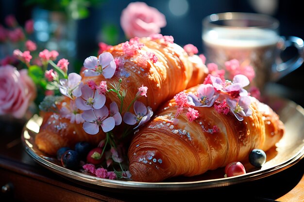 Photo croissants et café sur un plateau en bois