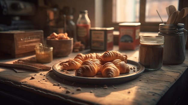 Croissants et confiture sur une table en bois dans une cuisine rustique ai générative