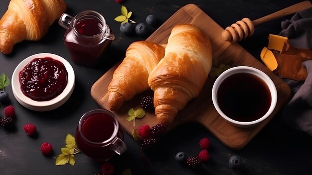 Photo les croissants étaient à plat sur la table de la cuisine. des croissants délicieux en arrière-plan.