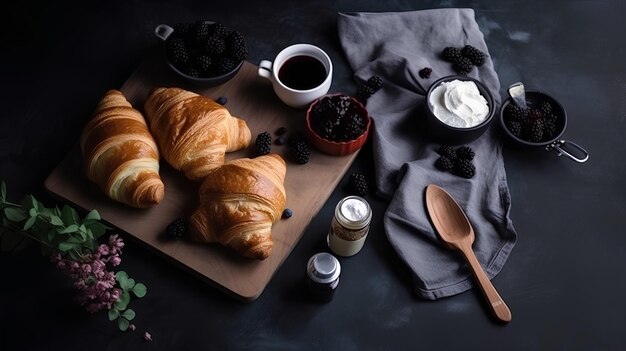 Photo les croissants étaient à plat sur la table de la cuisine. des croissants délicieux en arrière-plan.