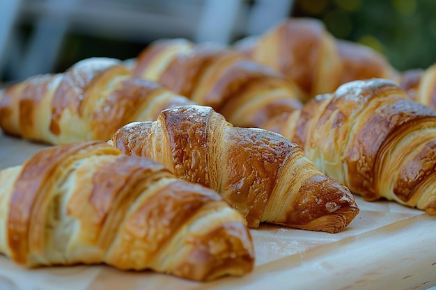 Des croissants faits maison servis frais sur une planche en bois naturel