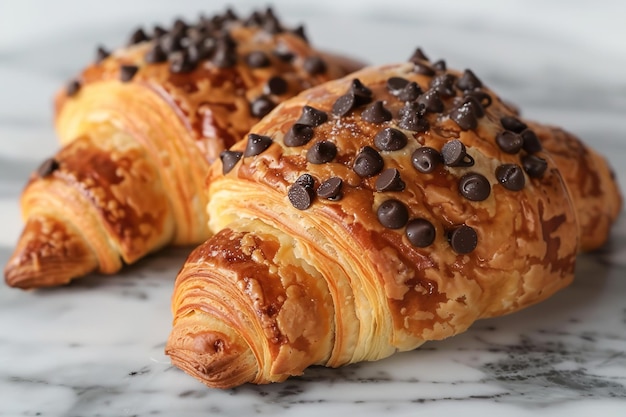 Des croissants en flocons sur une surface de marbre surmontés de morceaux de chocolat