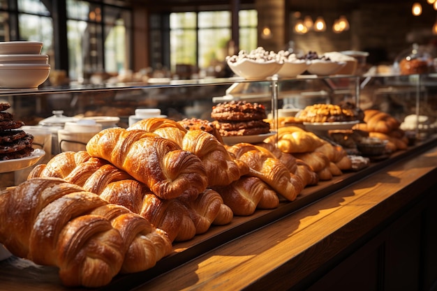 Des croissants fraîchement cuits exposés dans une boulangerie