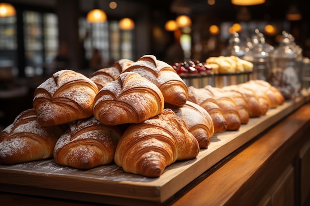 Des croissants fraîchement cuits exposés dans une boulangerie