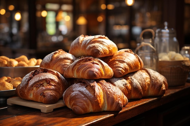 Des croissants fraîchement cuits exposés dans une boulangerie