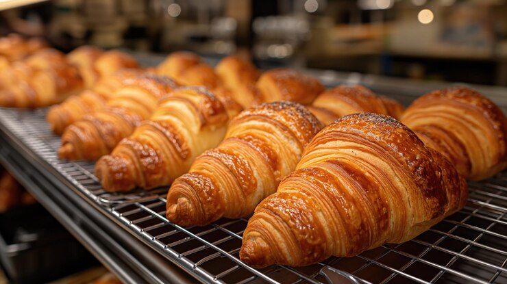 Photo des croissants fraîchement cuits sur une plate-forme de refroidissement dans une boulangerie