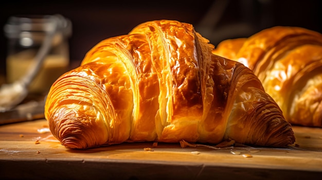 Croissants fraîchement sortis du four, encore chauds avec une fine croûte luisante de beurre