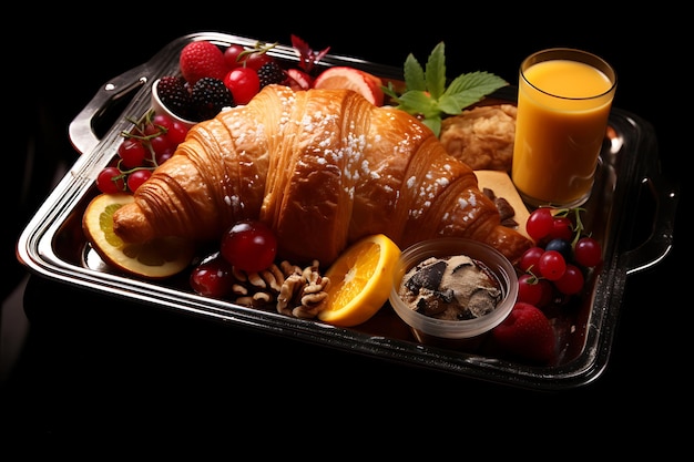 Croissants frais et agrumes servis au petit déjeuner sur plateau