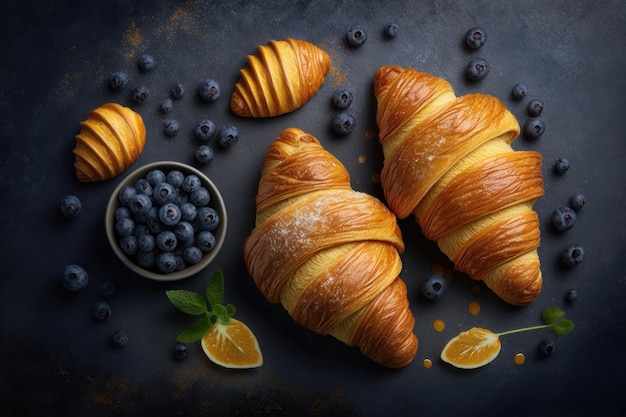 Croissants frais au beurre de myrtilles et miel fond gris génération AI