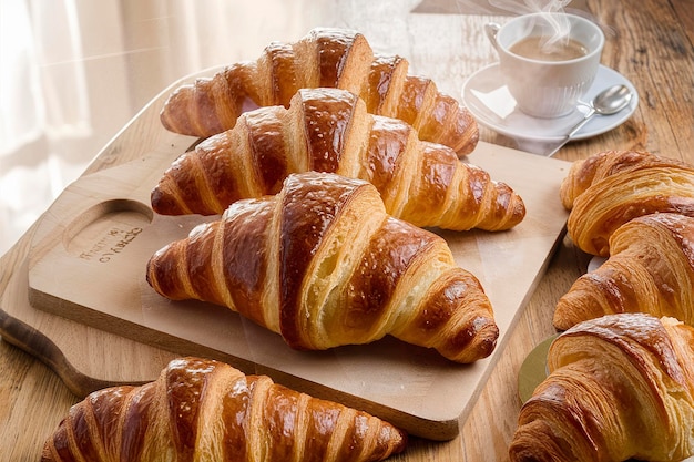 Croissants frais au four sur fond de bois