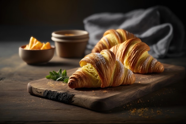 Croissants frais sur une planche de bois Génération AI