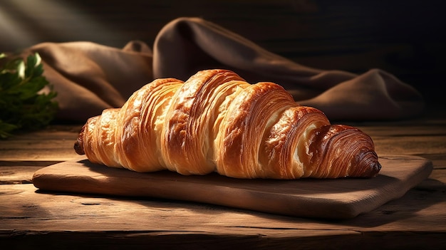 Croissants français fraîchement sortis du four sur une table en bois rustique