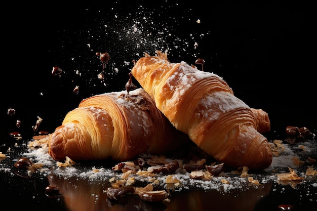 Croissants de petit-déjeuner frais cuits au four avec des miettes volantes isolées sur fond noir