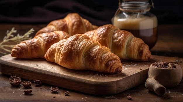 Croissants sur une planche à découper en bois avec un pot de café en arrière-plan