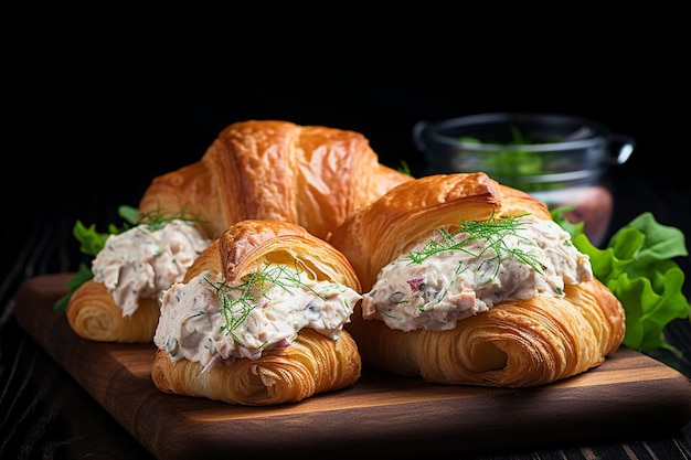 Des croissants sur un plateau avec des bols miniatures de salade grecque