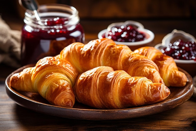 Des croissants sur un plateau avec des bols miniatures de salade grecque