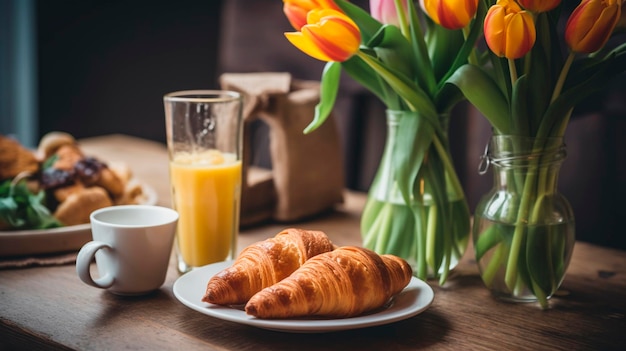 Croissants pour le petit déjeuner jus de café et tulipes sur la table Generative AI