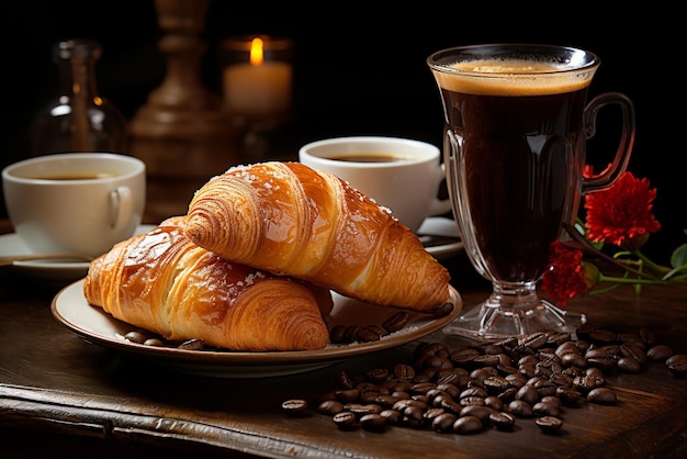 Croissants et tasse de café sur une table petit-déjeuner français le matin avec pâtisserie