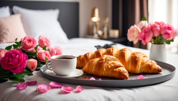 Croissants une tasse de fleurs de café sur un plateau dans la chambre