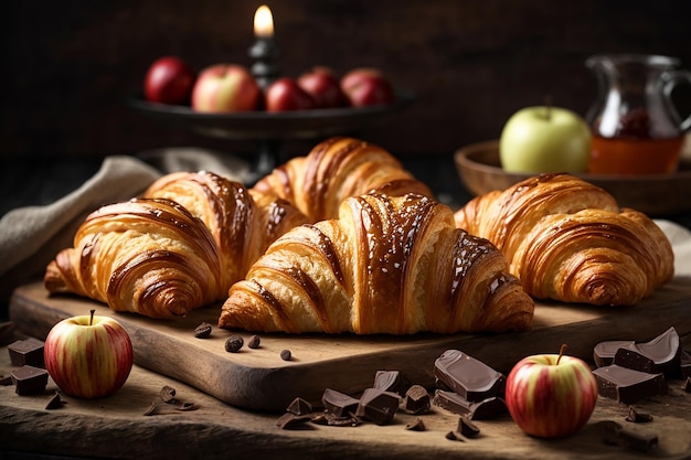 Croissants traditionnels avec confiture de chocolat et pâtisseries sucrées à la pomme vue du haut style rustique