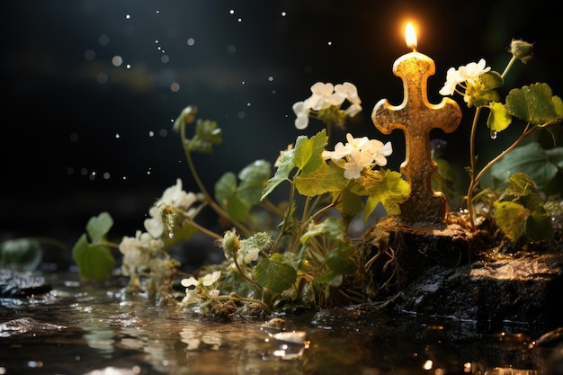 Croix ancienne baignée de rayons dorés entourée d'une nature sereine générative IA