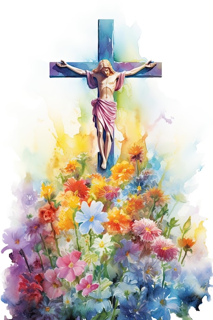 Croix à l'aquarelle avec des fleurs Pâques et illustration religieuse
